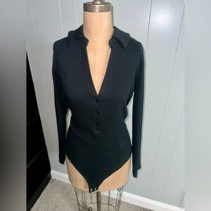 EXPRESS Black Long Sleeve Ribbed Thong Bodysuit